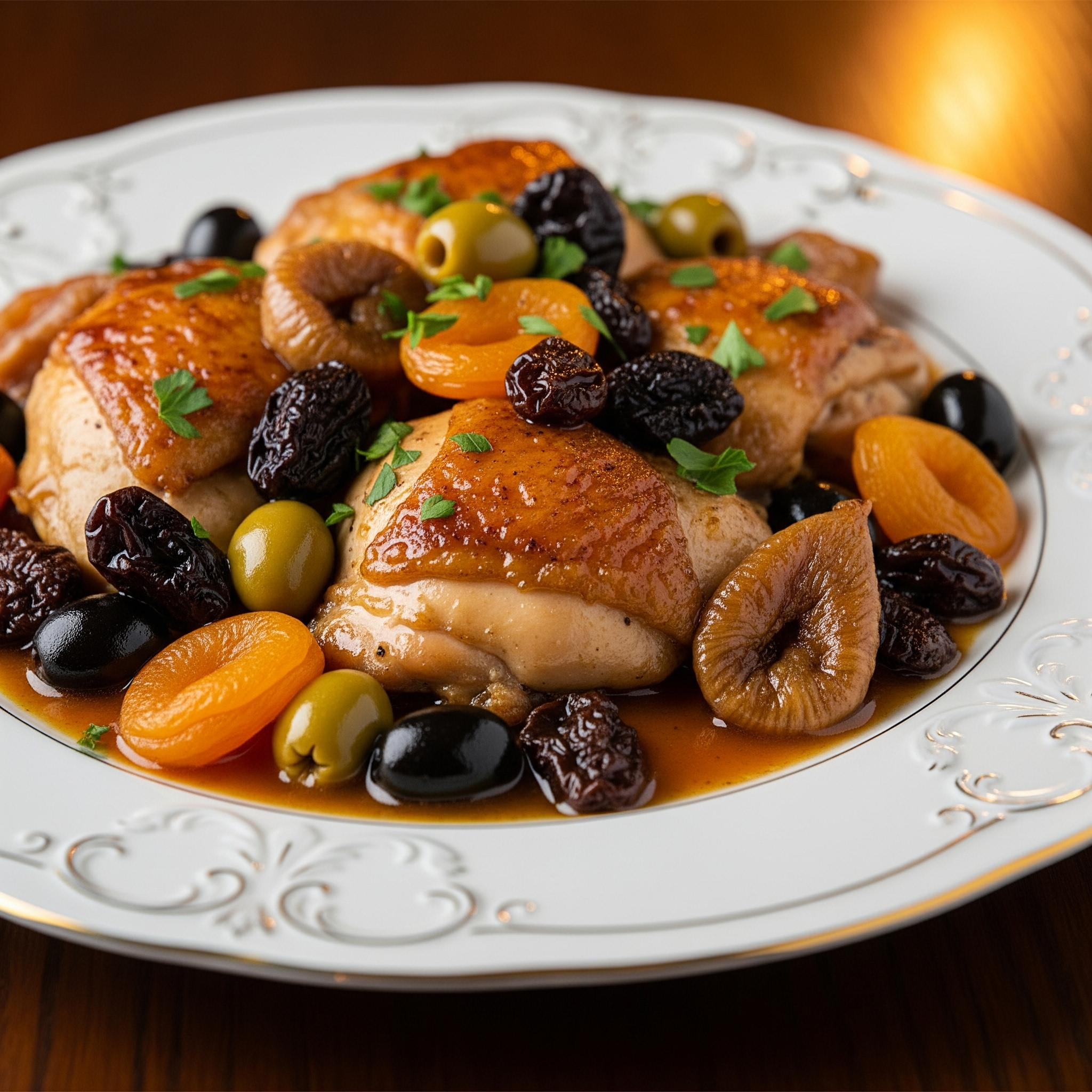 עוף מרסלה ברוטב פירות יבשים וזיתים: מנת עוף חגיגית לשולחן החג