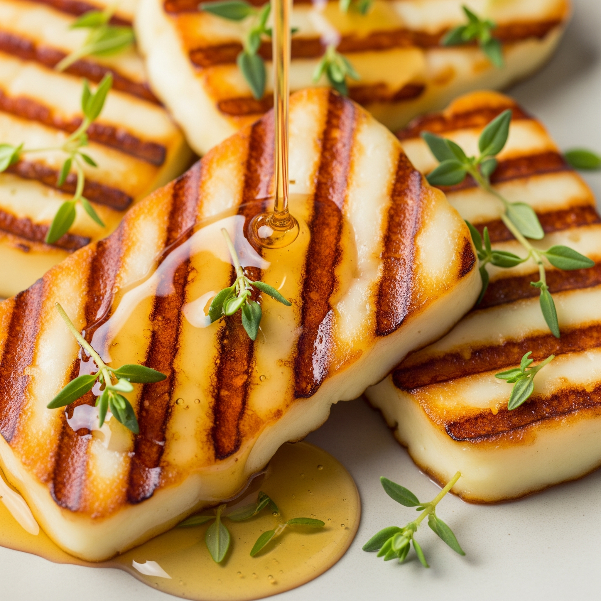 גבינת חלומי צרובה במחבת עם דבש וטימין: מנה ראשונה ב-5 דקות