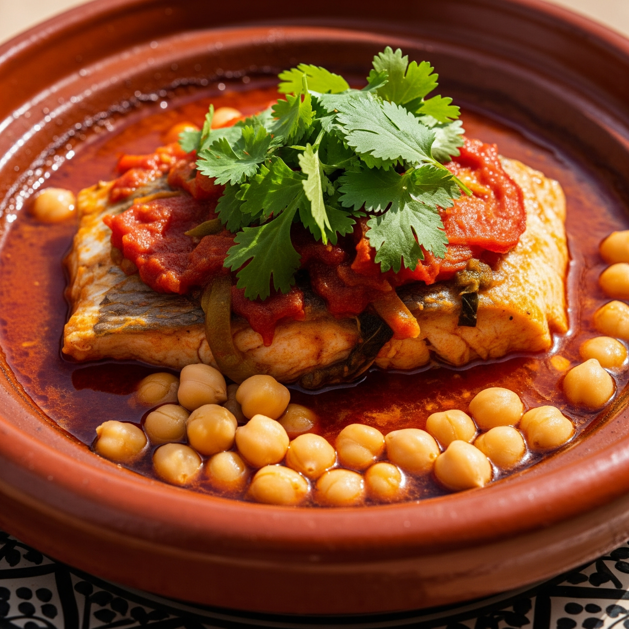 טאג'ין דגים מרוקאי: מתכון דגים ברוטב חריף אדום עם חומוס וכוסברה