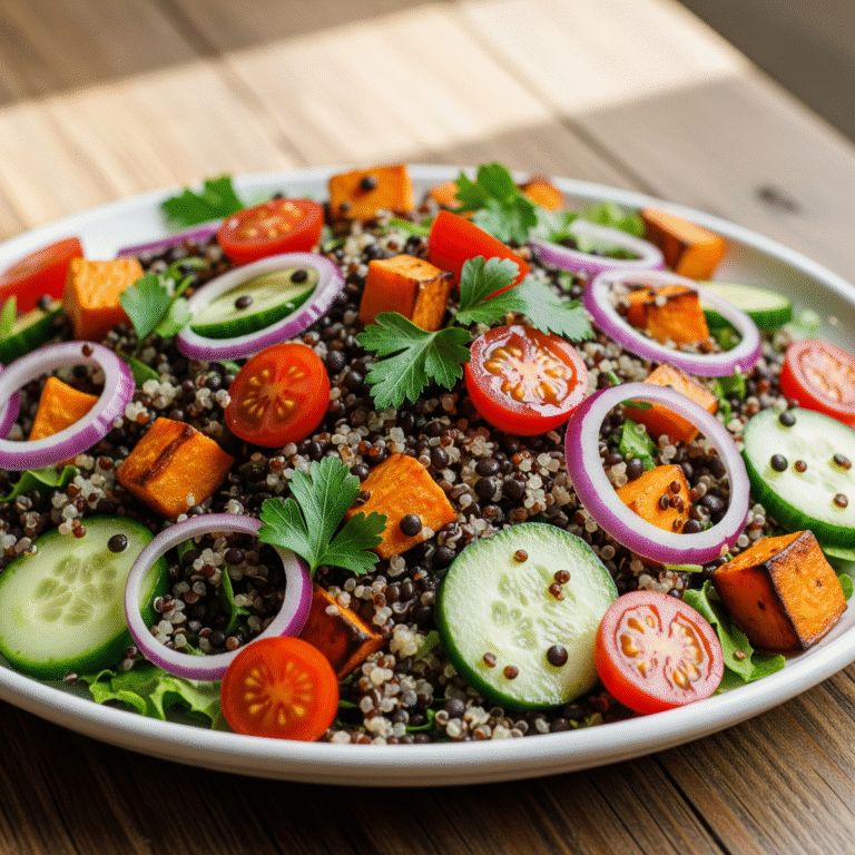 סלט קינואה עדשים שחורות ובטטה: סלט בריא, משביע ומלא חלבון