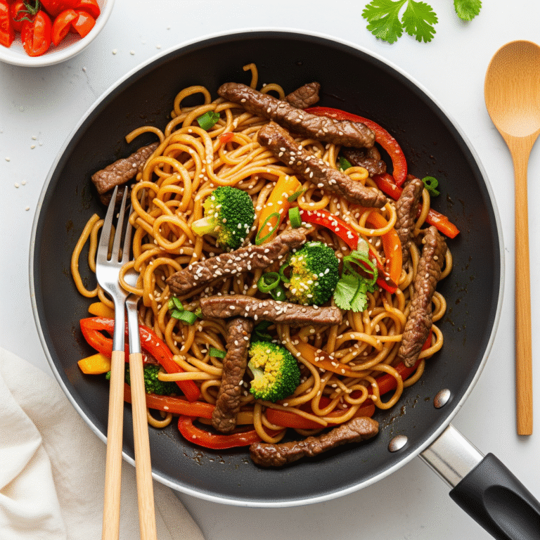 מוקפץ בקר ואטריות ברוטב אסייתי: ארוחה מהירה בסיר אחד